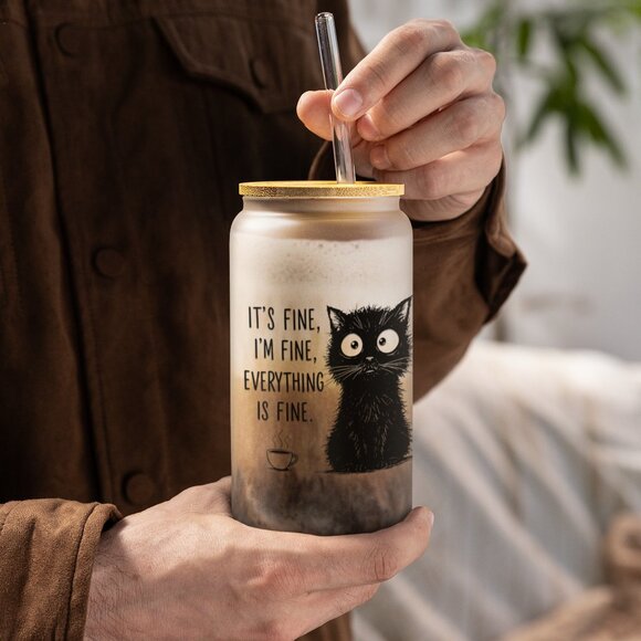 It’s Fine I’m Fine Everything Is Fine, Funny Cat Tumbler, Im Fine Glass Cup - Picture 3 of 7